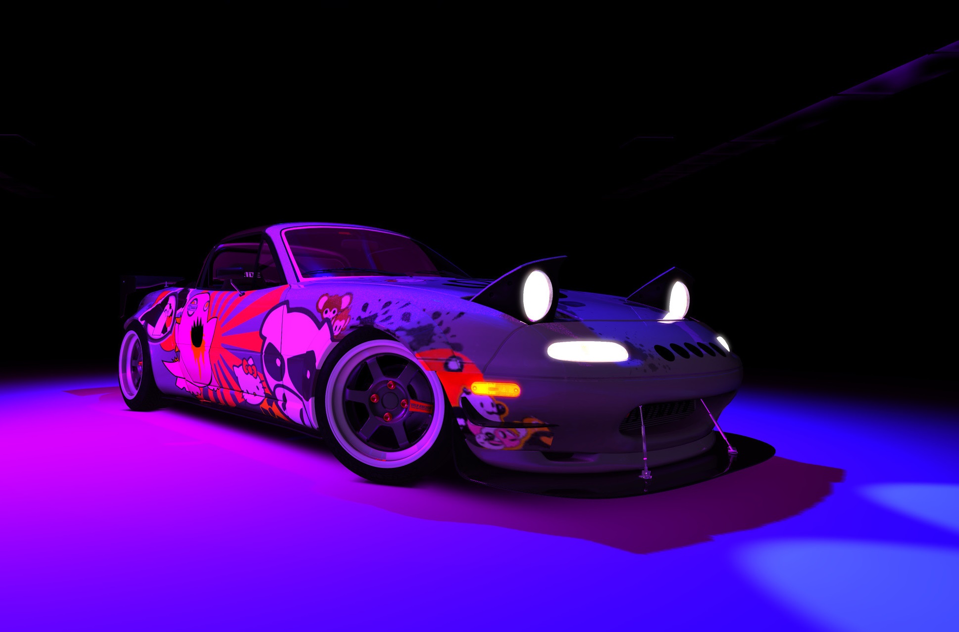 Mazda MX5 Miata NA, modified and shot with a blue and pink light