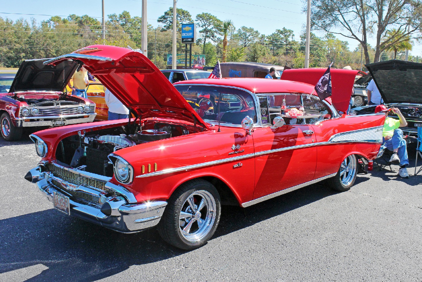1957 Chevrolet Bel Air with open engine cover.