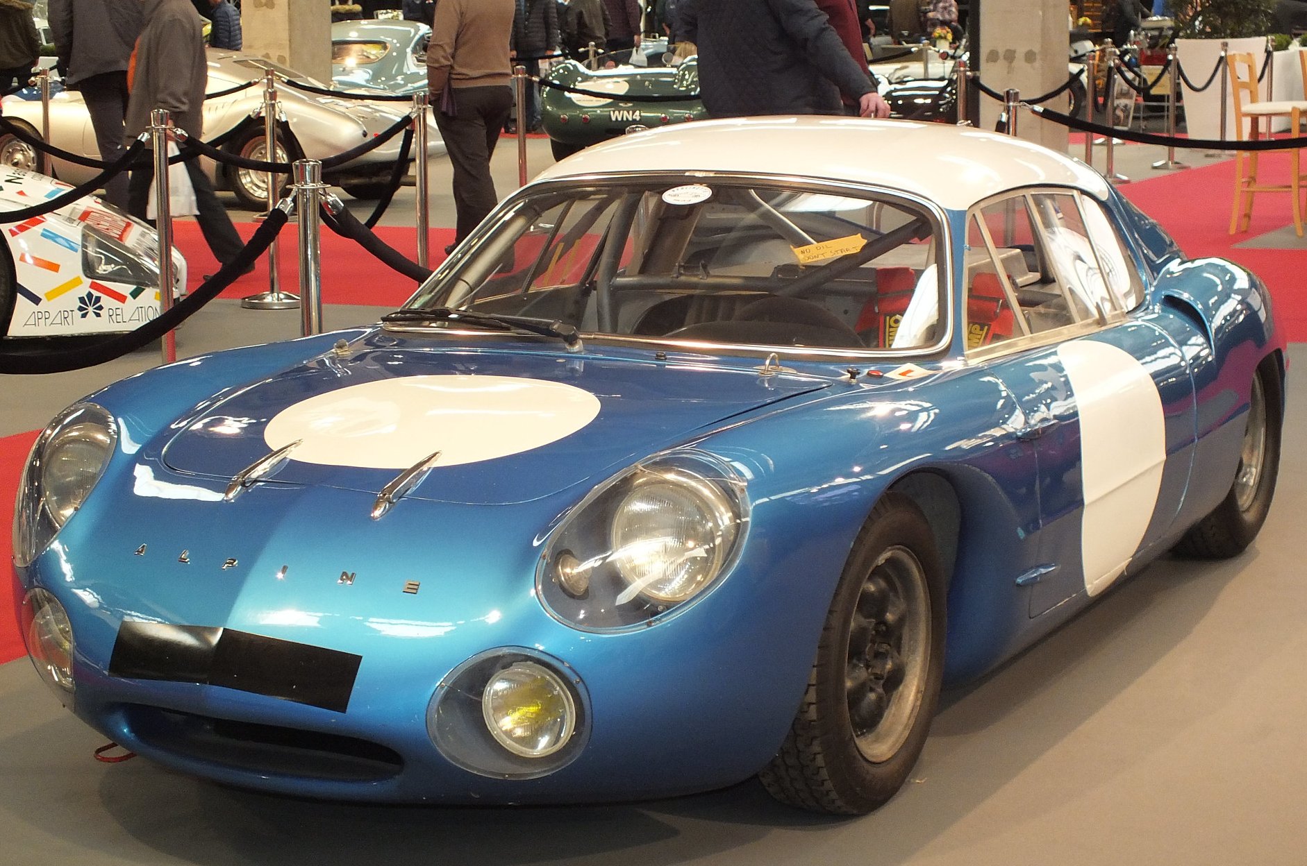 Close Up Photo of Blue 1963 Alpine M63 displayed at Antwerp Classic Salon