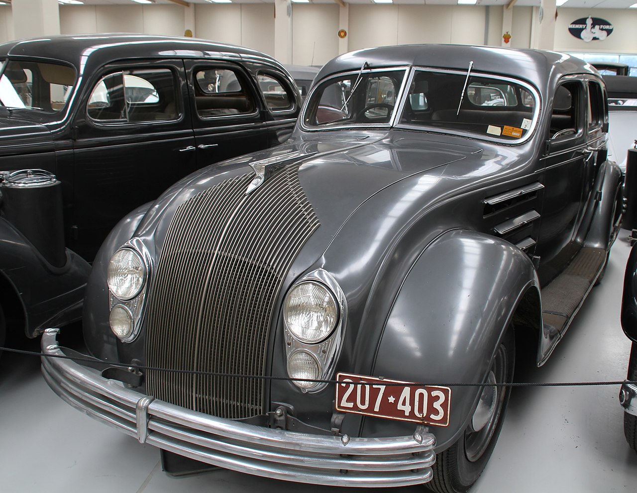 Silver 1934 Chrysler Airflow displayed on exhibition