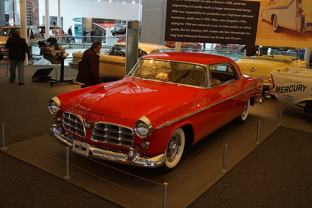 Red 1955 Chrysler 300 displayed on exhibition