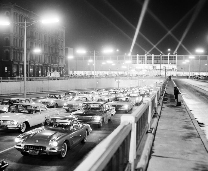 Traffic at the 1960 Auto Show. Cobo Hall, Detroit, Michigan