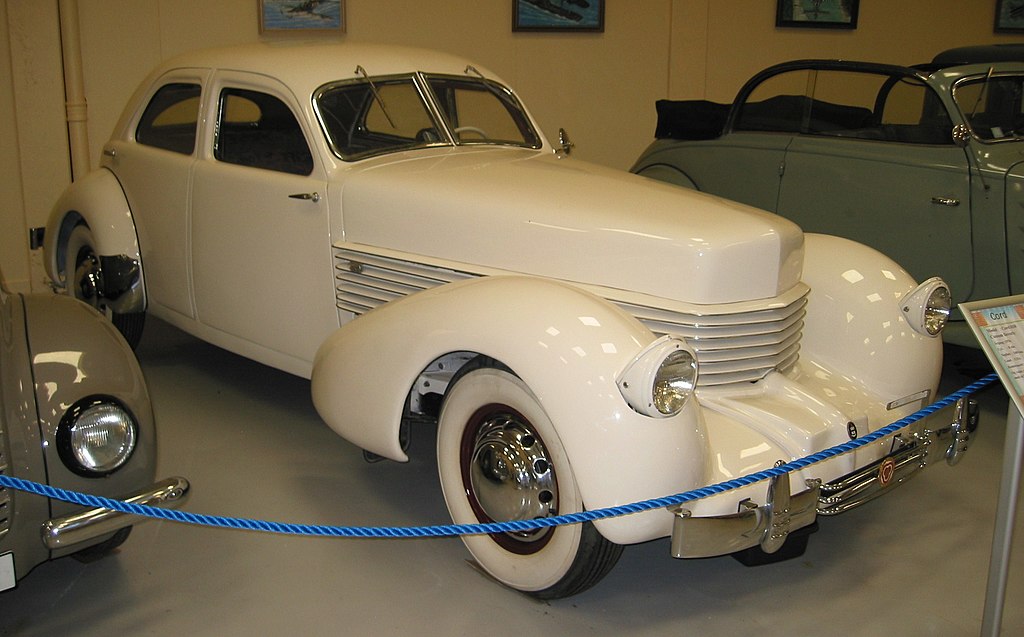 White 1936 Cord 810 displayed on exhibition