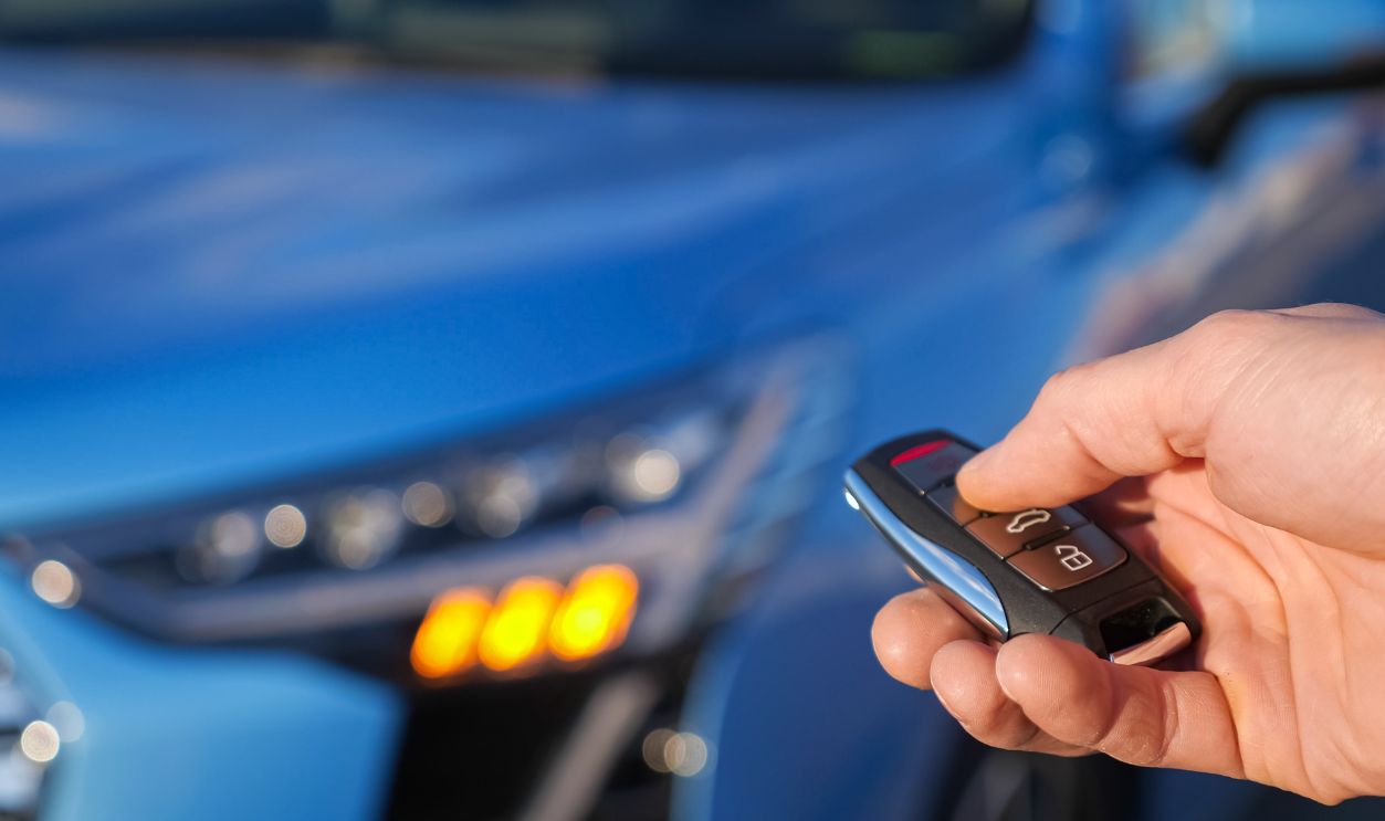 blue car and headlights flash closeup