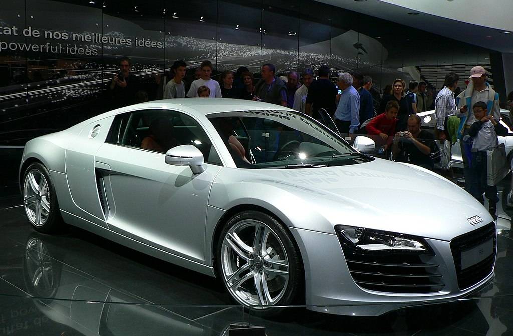 Close Up Photo of Silver Audi R8 at the 2006 Paris Motor Show
