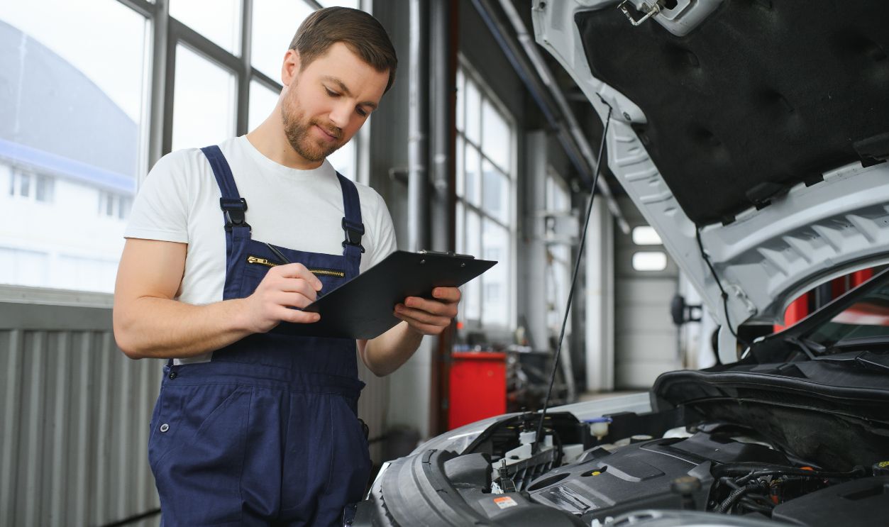 car mechanic writing while holding clipboard near cars.