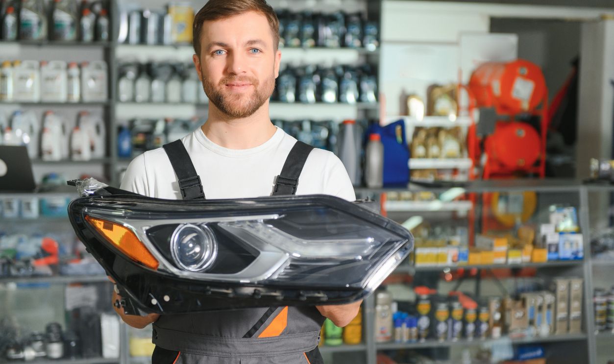 man holds automotive headlight in auto parts store.