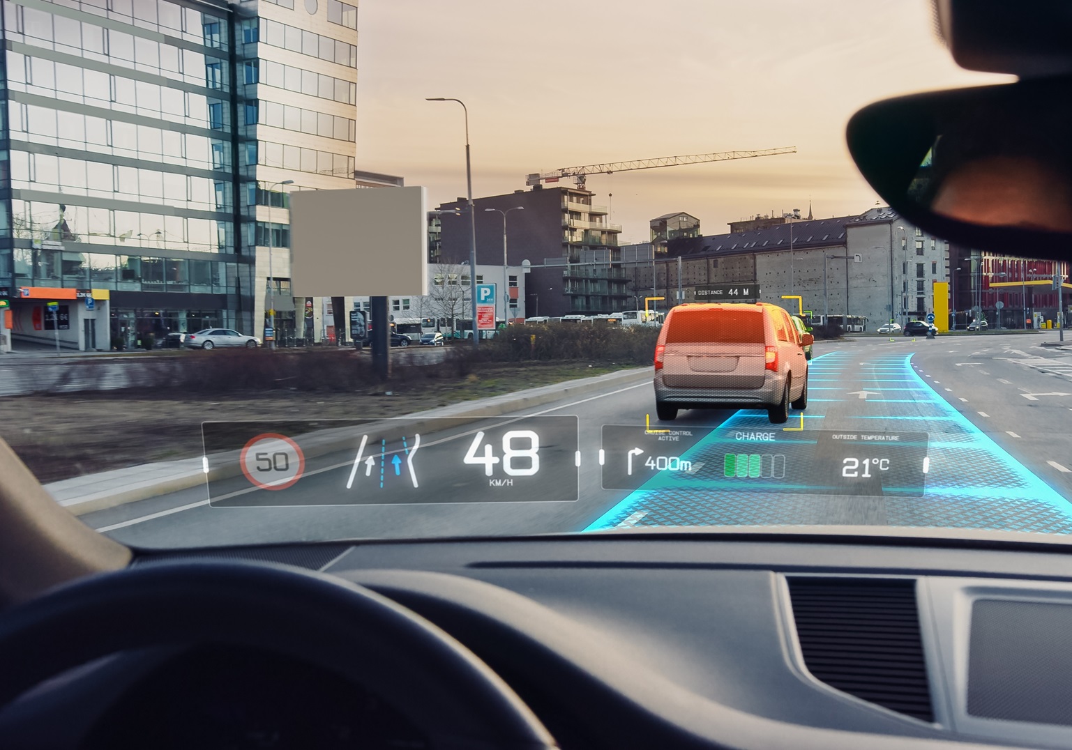 Car Moving Through City, Head-up Display Showing Infographics: Speed, Distance