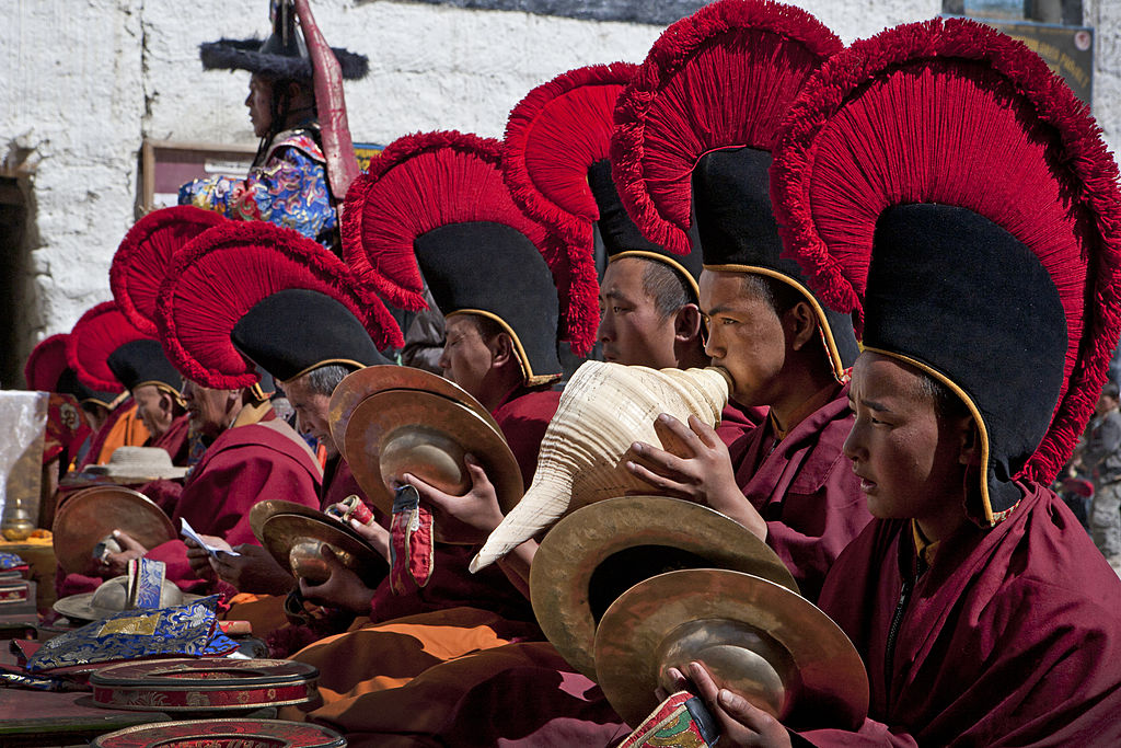 Monks playing  music during the Tiji Festival in Lo Manthang