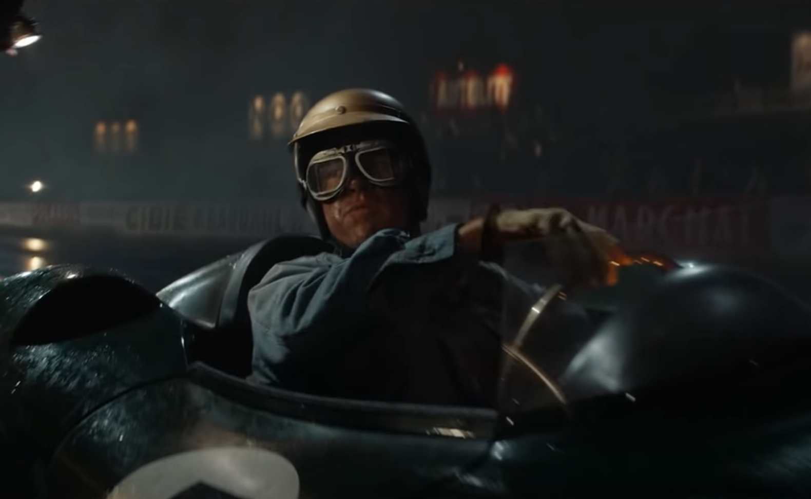 Screenshot of Matt Damon (Carroll Shelby) driving in car - from Ford v Ferrari (2019)