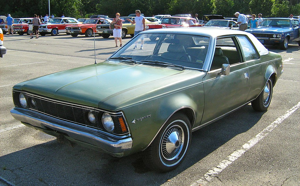 Front view of green with white accented roof 1970 AMC Hornet SST