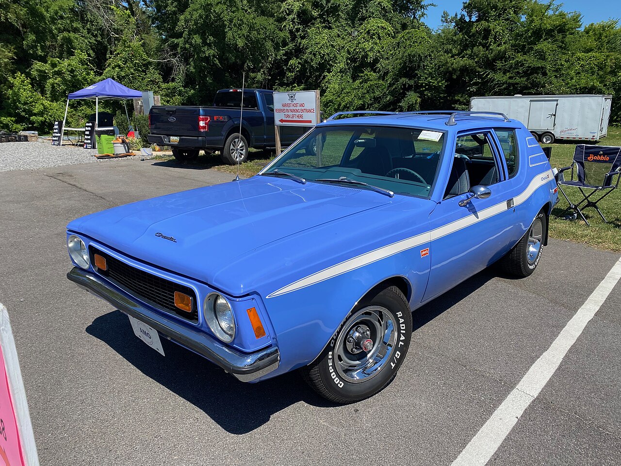 Front left view 1973 AMC Gremlin X finished in Maxi Blue and with Levi's interior trim