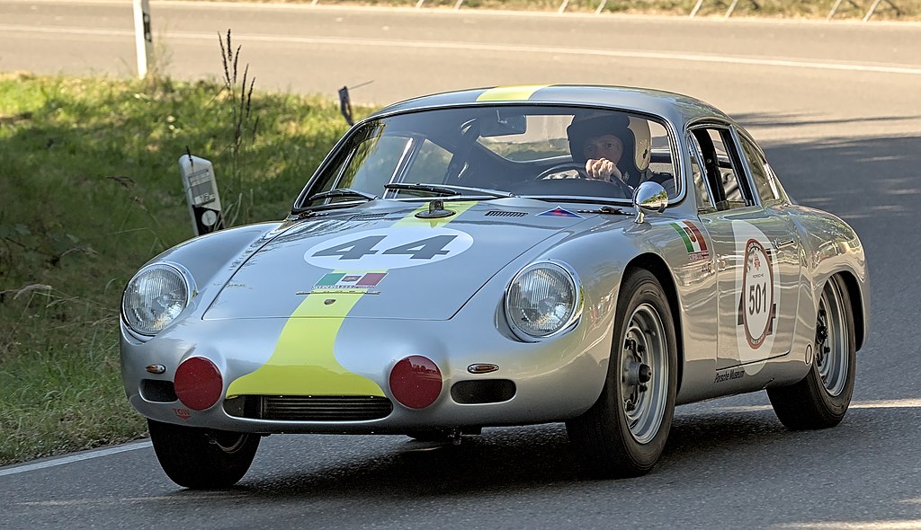 A close-up photo of a Porsche 356 B GS Carrera GTL Abarth in motion