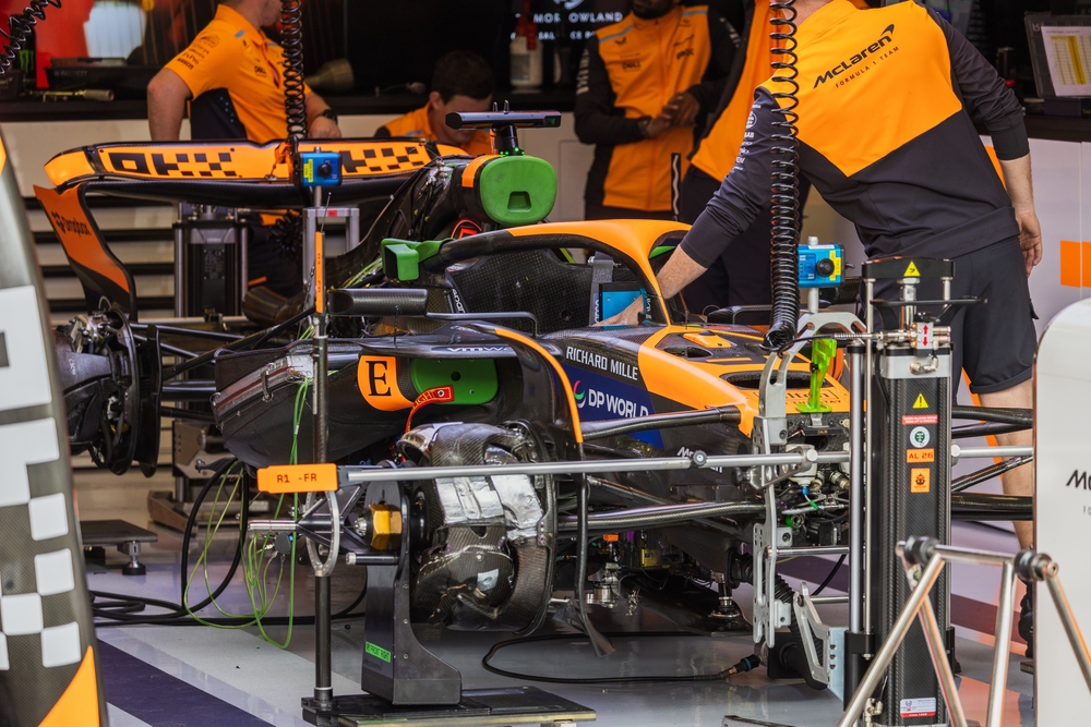 F1 car in the garage during Formula One Belgian Grand Prix