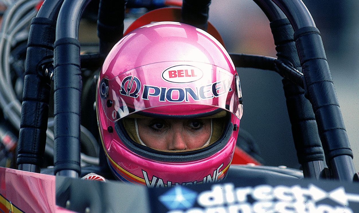 A view of Shirley Muldowney as she sits in her car.