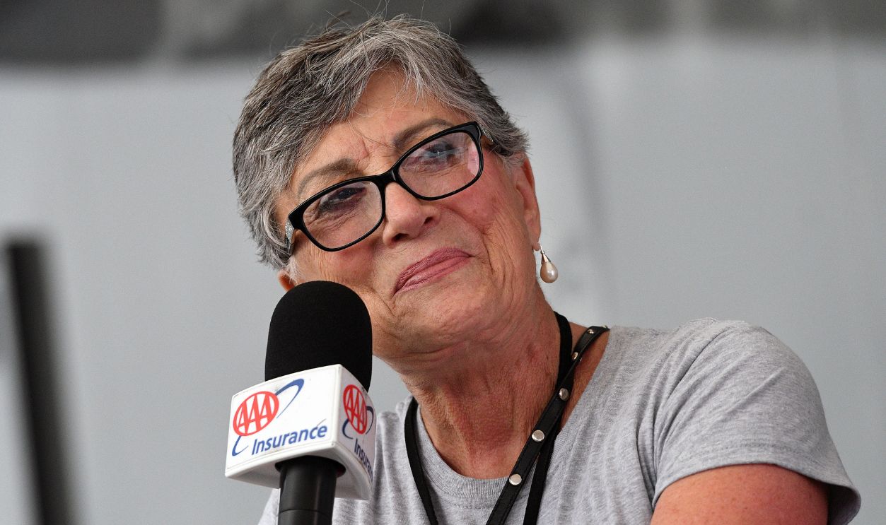 Drag racing legend Shirley Muldowney addresses the crowd between qualifying sessions for the NHRA AAA Midwest Nationals on September 21, 2018, at Gateway Motorsports Park in Madison, Illinois.