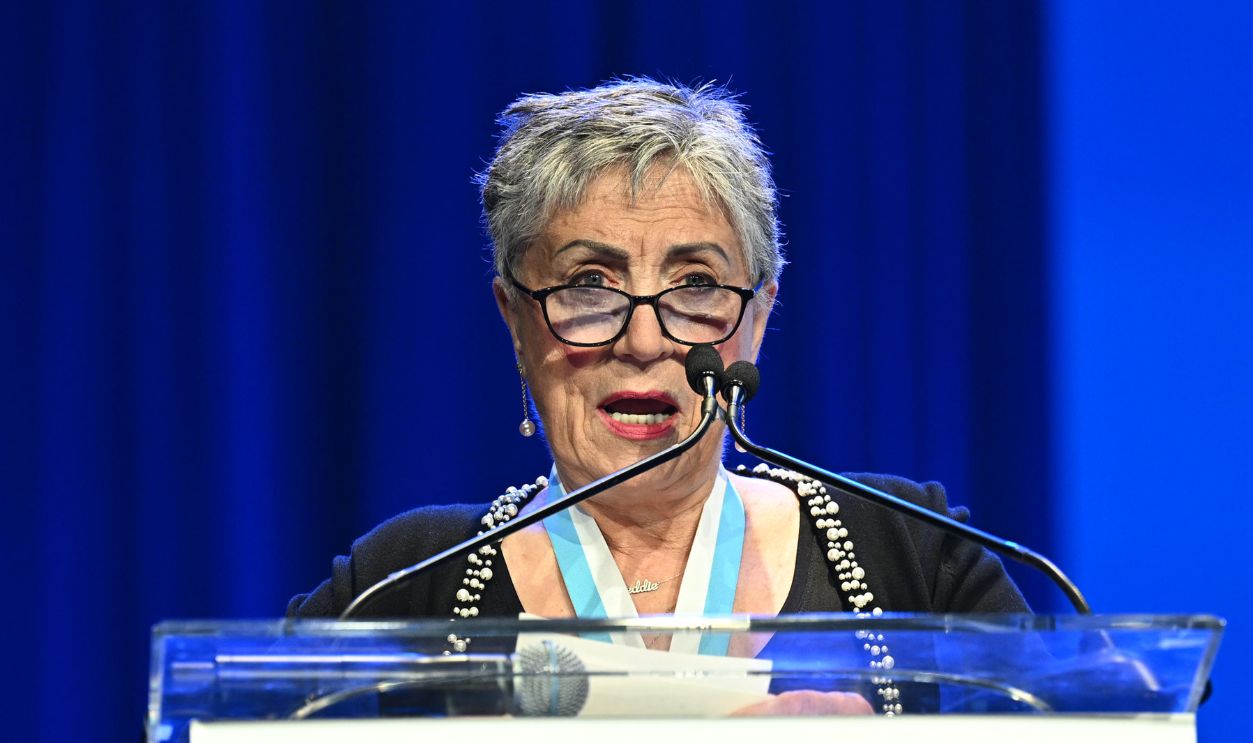 Honoree Shirley Muldowney speaks on stage during The Buoniconti Fund to Cure Paralysis’ 37th Annual Great Sports Legends Dinner, at the Marriott Marquis. The event raised several million for The Buoniconti Fund, the fundraising arm of The Miami Project to Cure Paralysis, a designated Center of Excellence at the University of Miami Miller School of medicine and the world’s premier spinal cord injury research center at Marriott Marquis Hotel on October 24, 2022 in New York City.