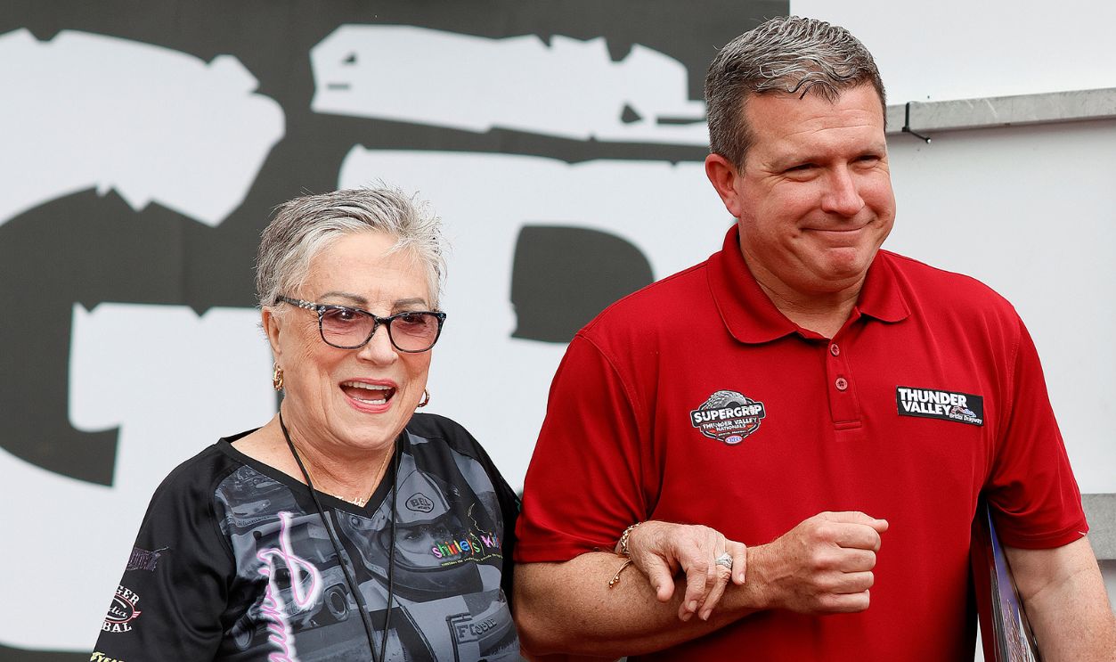 Bristol Motor Speedway CEO Jerry Caldwell and racing legend Shirley Muldowney during Driver Intro's before the Sunday action at the Thunder Valley Nationals on June 9, 2024 at Bristol Dragway in Bristol, Tennessee.