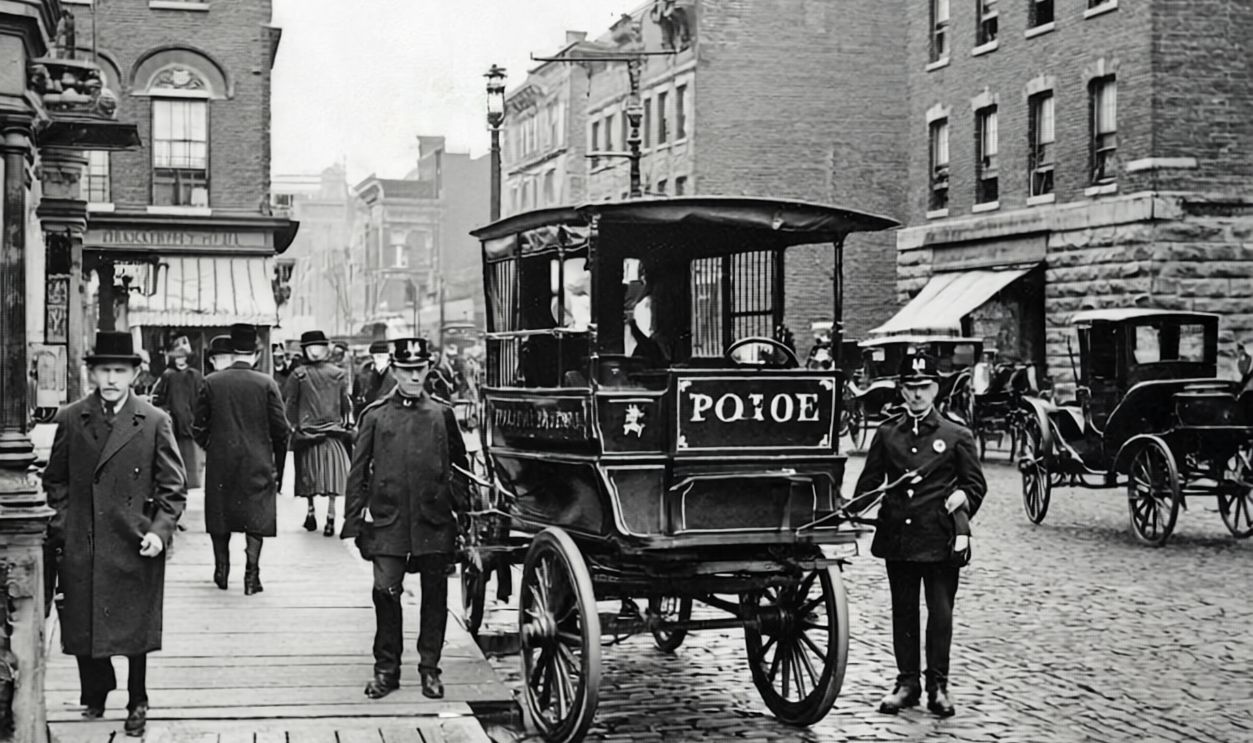 the image is of a town in the early 1900s ,the car is used by police officers on a busy street ,has no sirens 