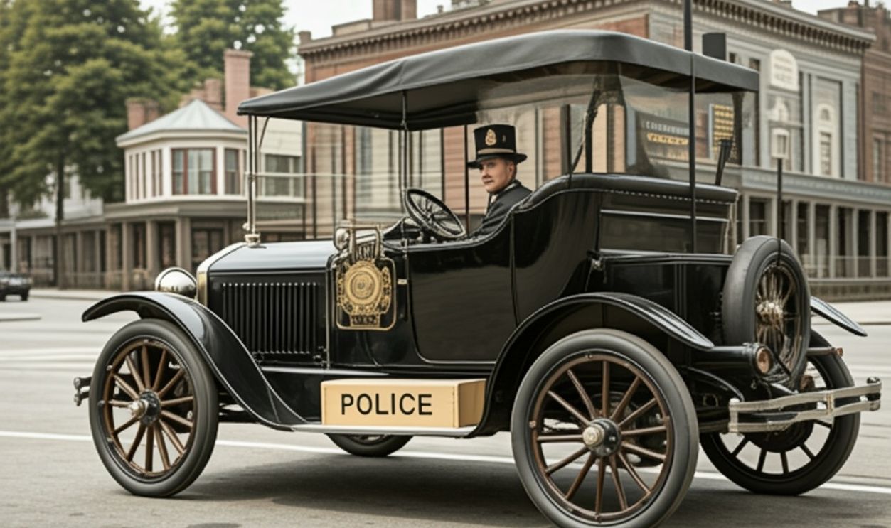 the image is of a town in the early 1900s ,the car is used by police officers on a busy street ,has no sirens 