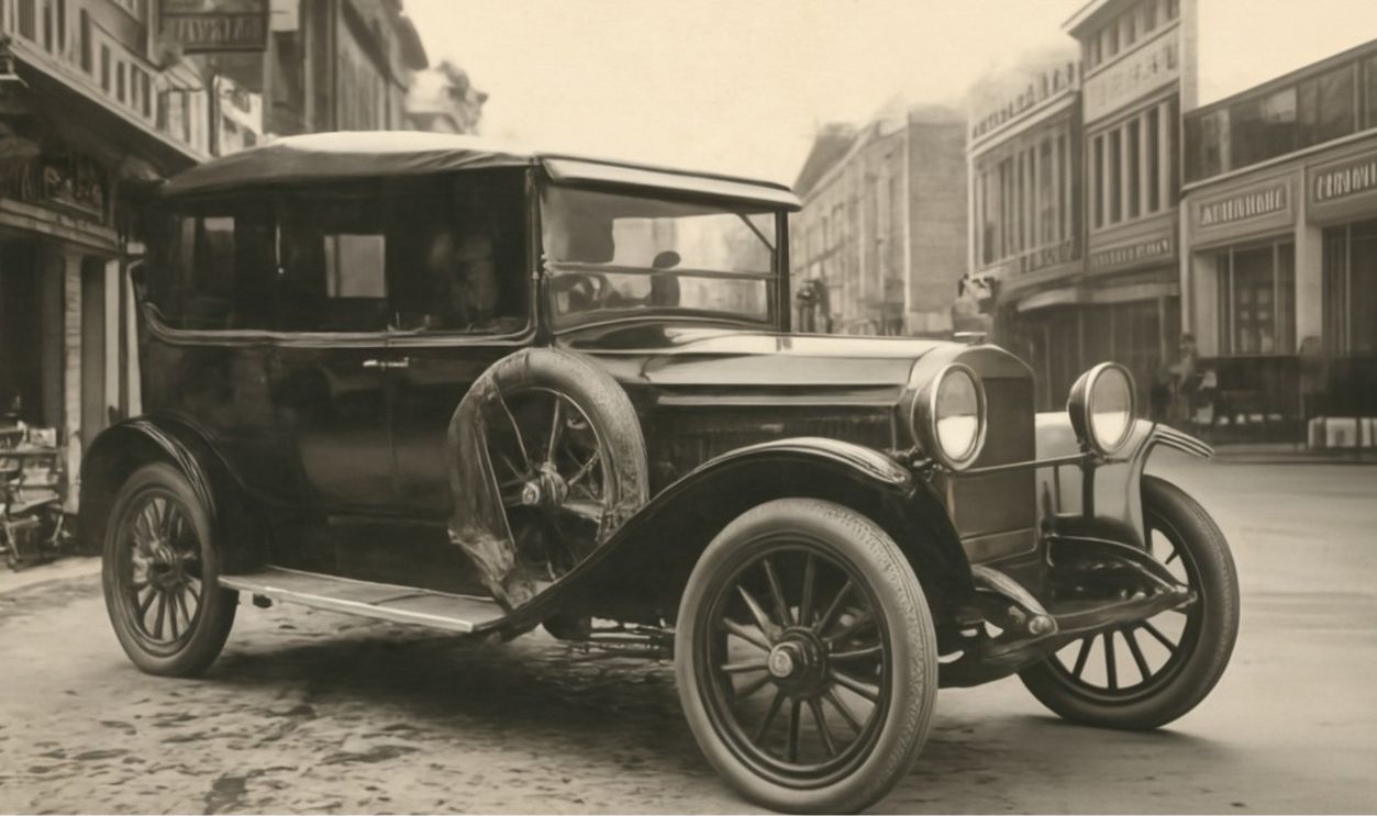 the image is of a town in the early 1900s ,the car is used by police officers on a busy street ,has no sirens 