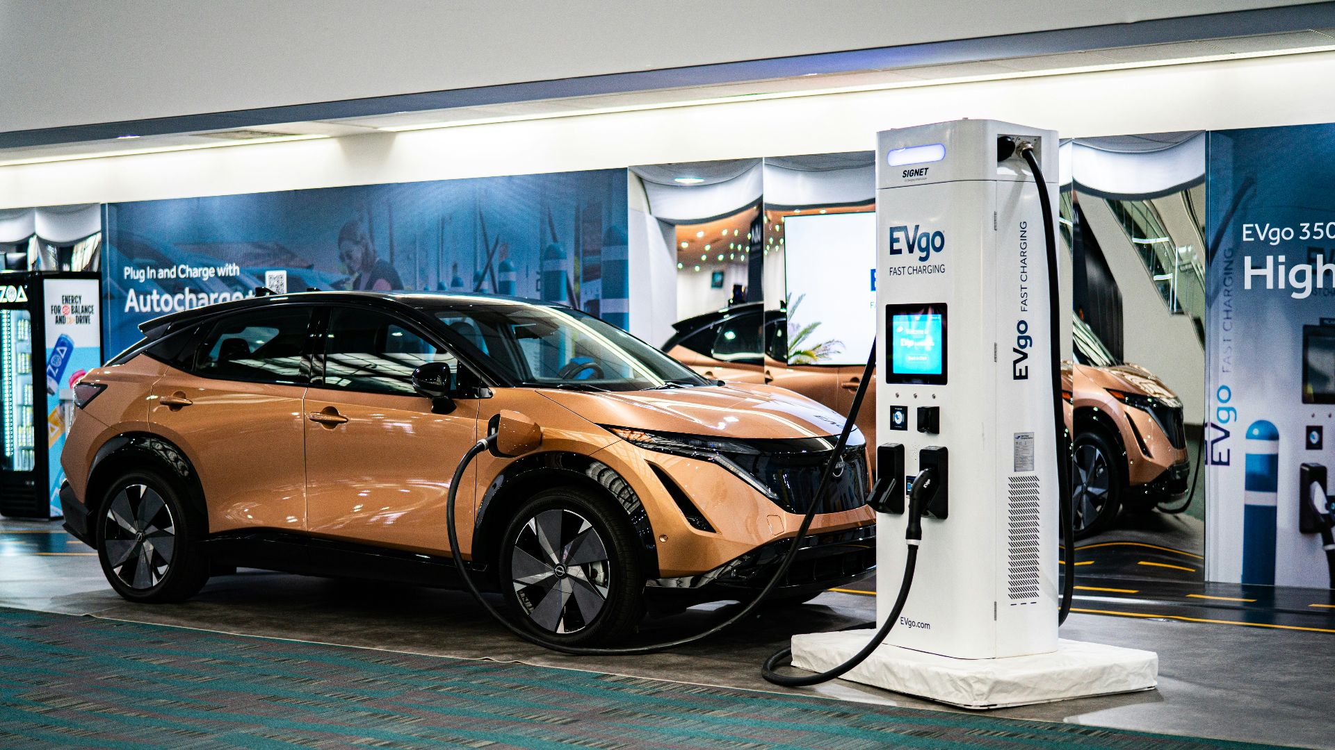 an electric car plugged into a charging station