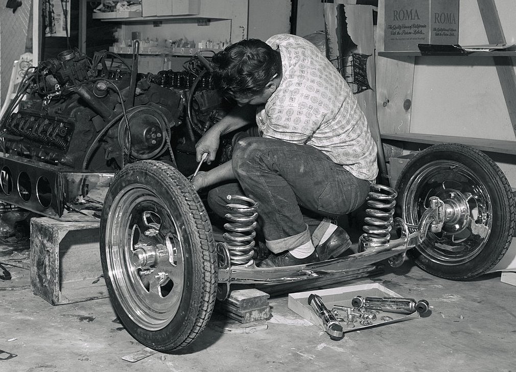 Roth working on one of two big-block Ford engines powering the Mysterion