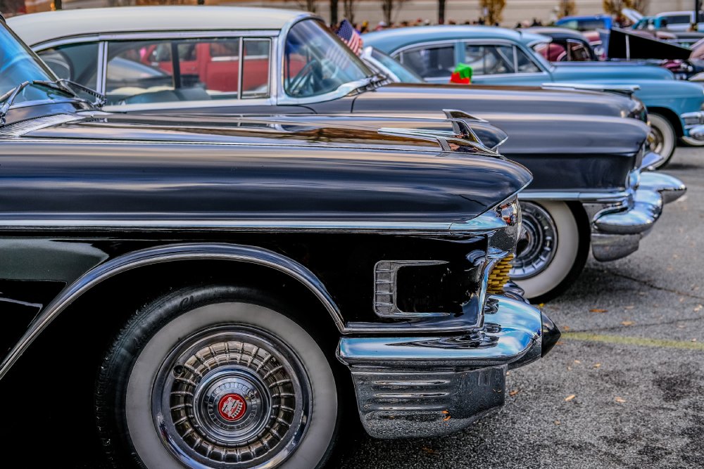 Photo of front ends of several classic cars parked in a row