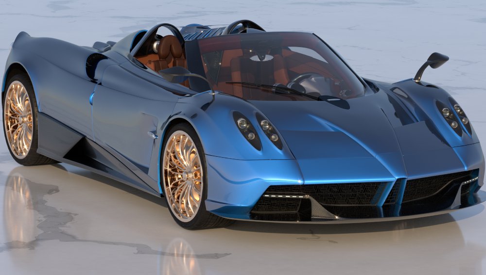 A close-up photo of a Pagani Huayra Roadster car on display at an exhibition