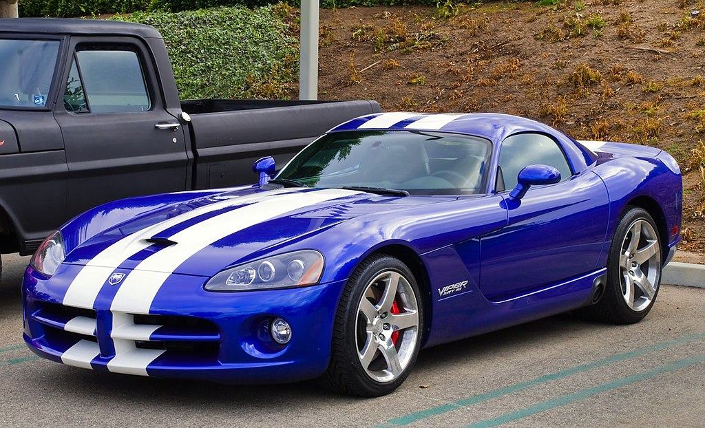 A Blue with white strips Dodge Viper