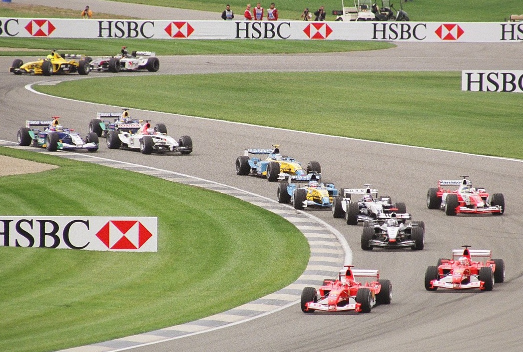 Formula One cars wind through the infield section of Indianapolis Motor Speedway
