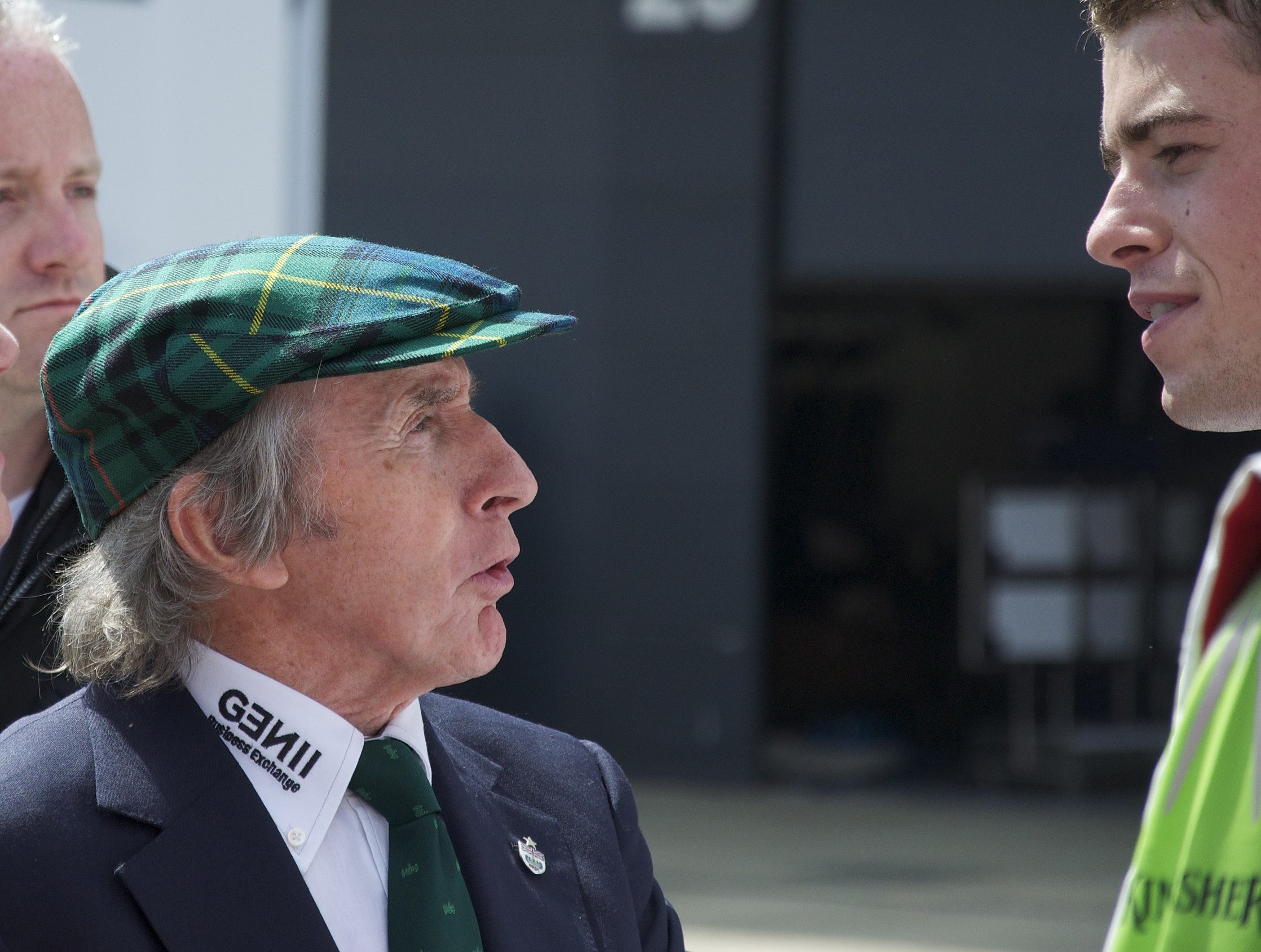 Three time Formula One World Champion Jackie Stewart chats with Force India Formula One driver Paul di Resta