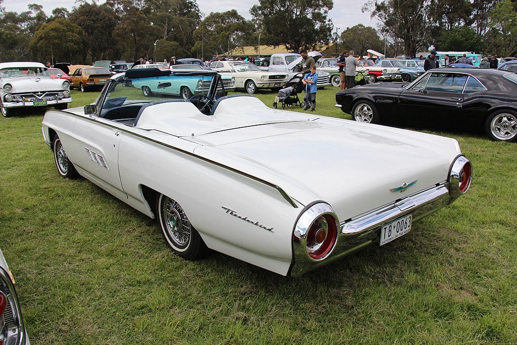 A close-up photo of a Ford Thunderbird car on display at an exhibition