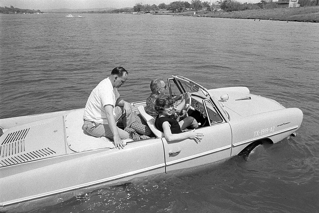 President Lyndon B. Johnson driving an Amphicar at Haywood Ranch