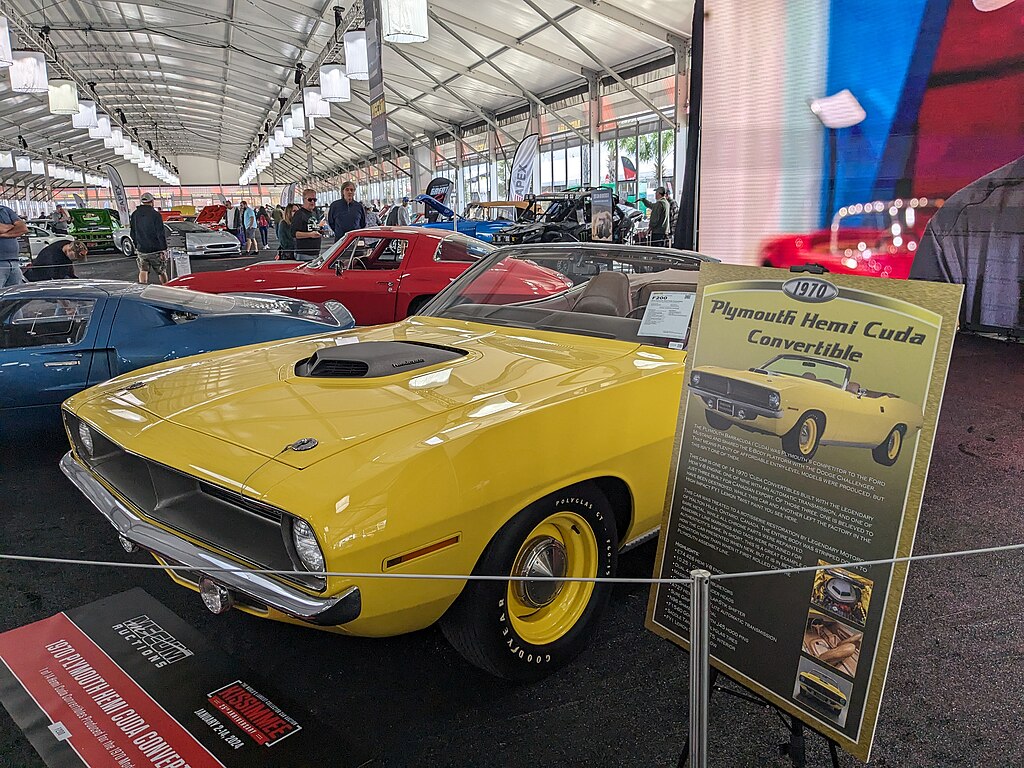 1970 Plymouth Hemi Cuda Convertible car on display at an exhibition