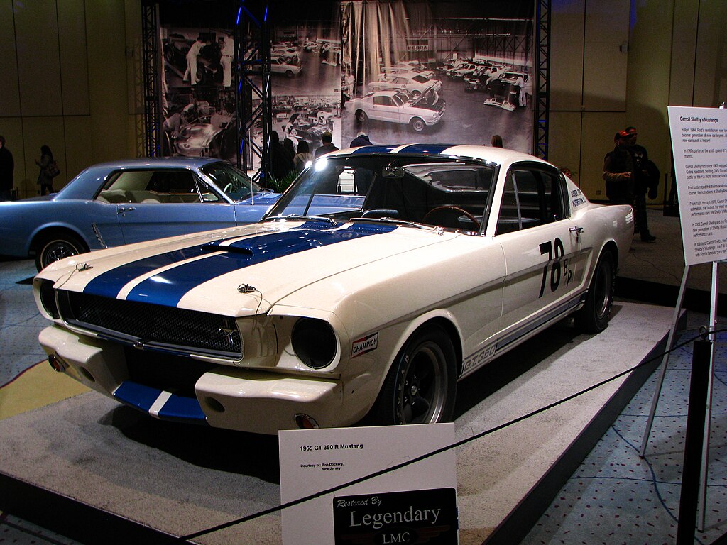 A close-up photo of a Shelby GT350R (car on display at an exhibition