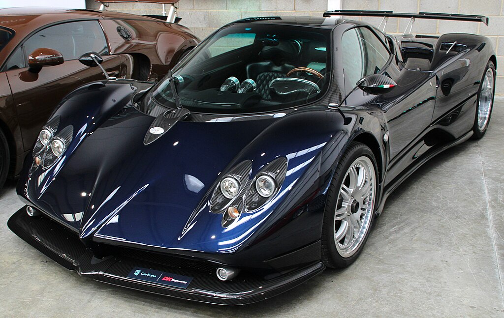 A close-up photo of a Pagani Zonda F car on display at an exhibition
