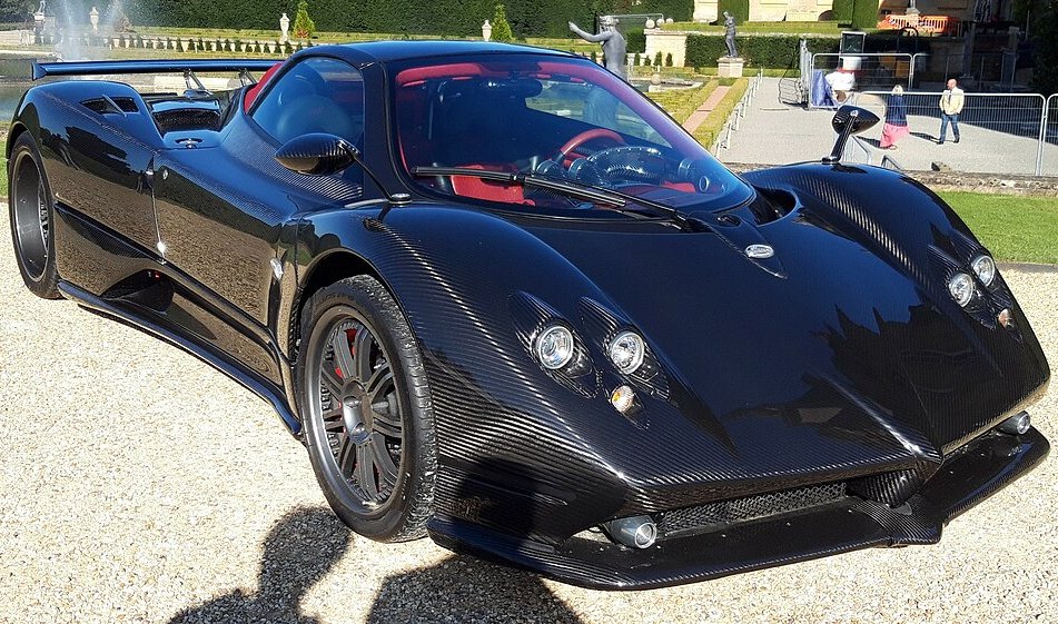 A close-up photo of a Pagani Zonda F car on display at an exhibition