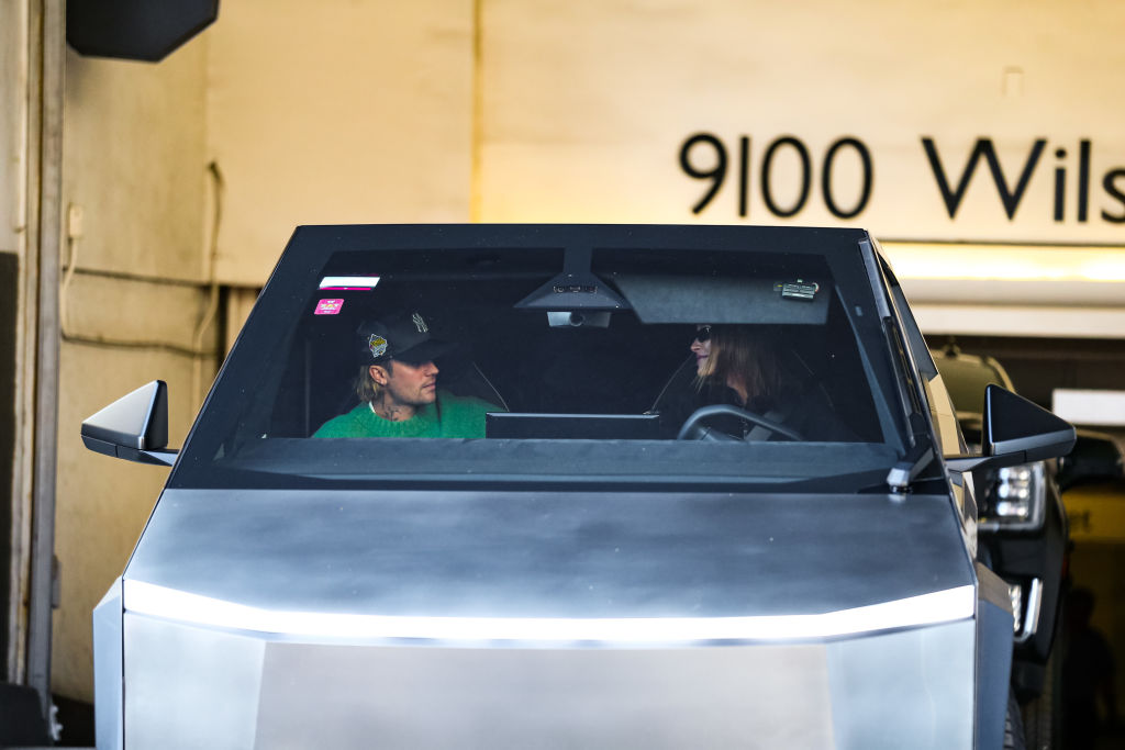 Justin Bieber and Hailey Bieber are seen driving Tesla Cybertruck in Los Angeles