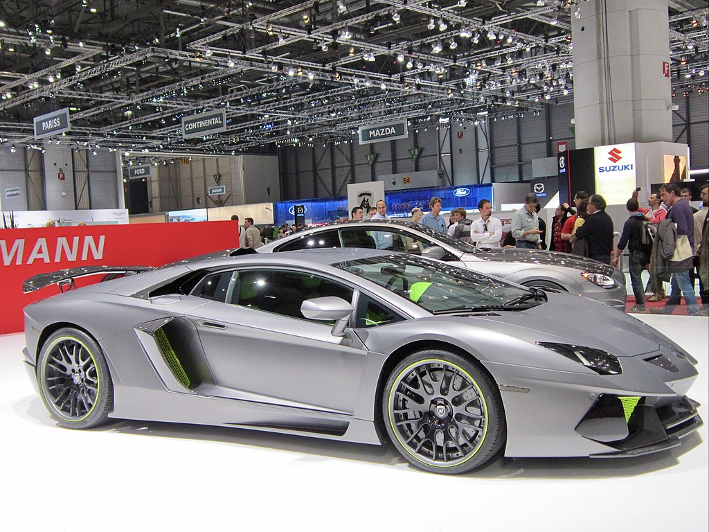 2014 Lamborghini Aventador car on display at an exhibition