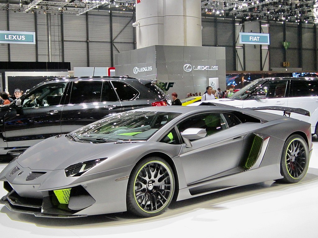 2014 Lamborghini Aventador car on display at an exhibition