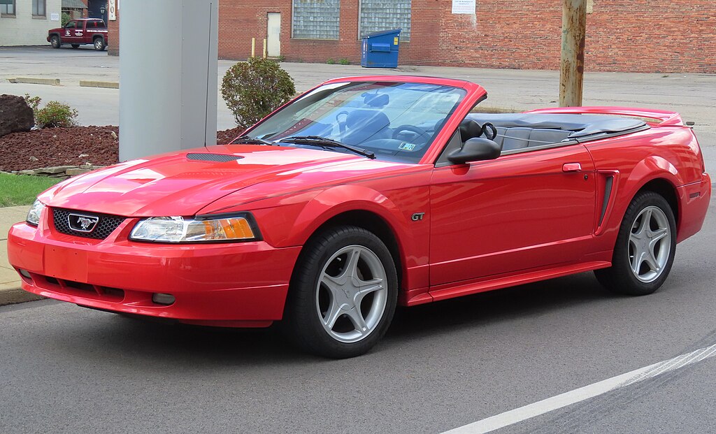 A close-up photo of a Ford Mustang Convertible car parked in a parking lot