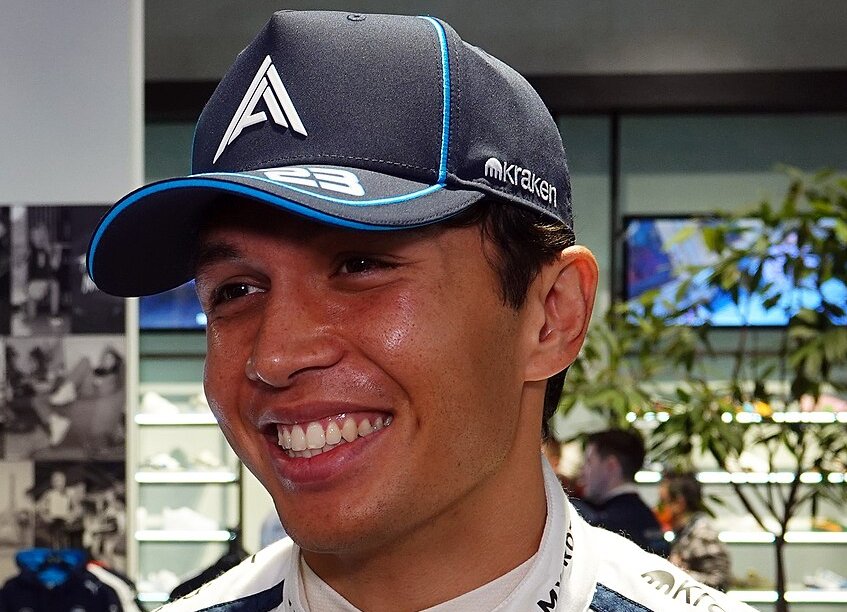Alex Albon addresses the media at the Williams Racing 2024