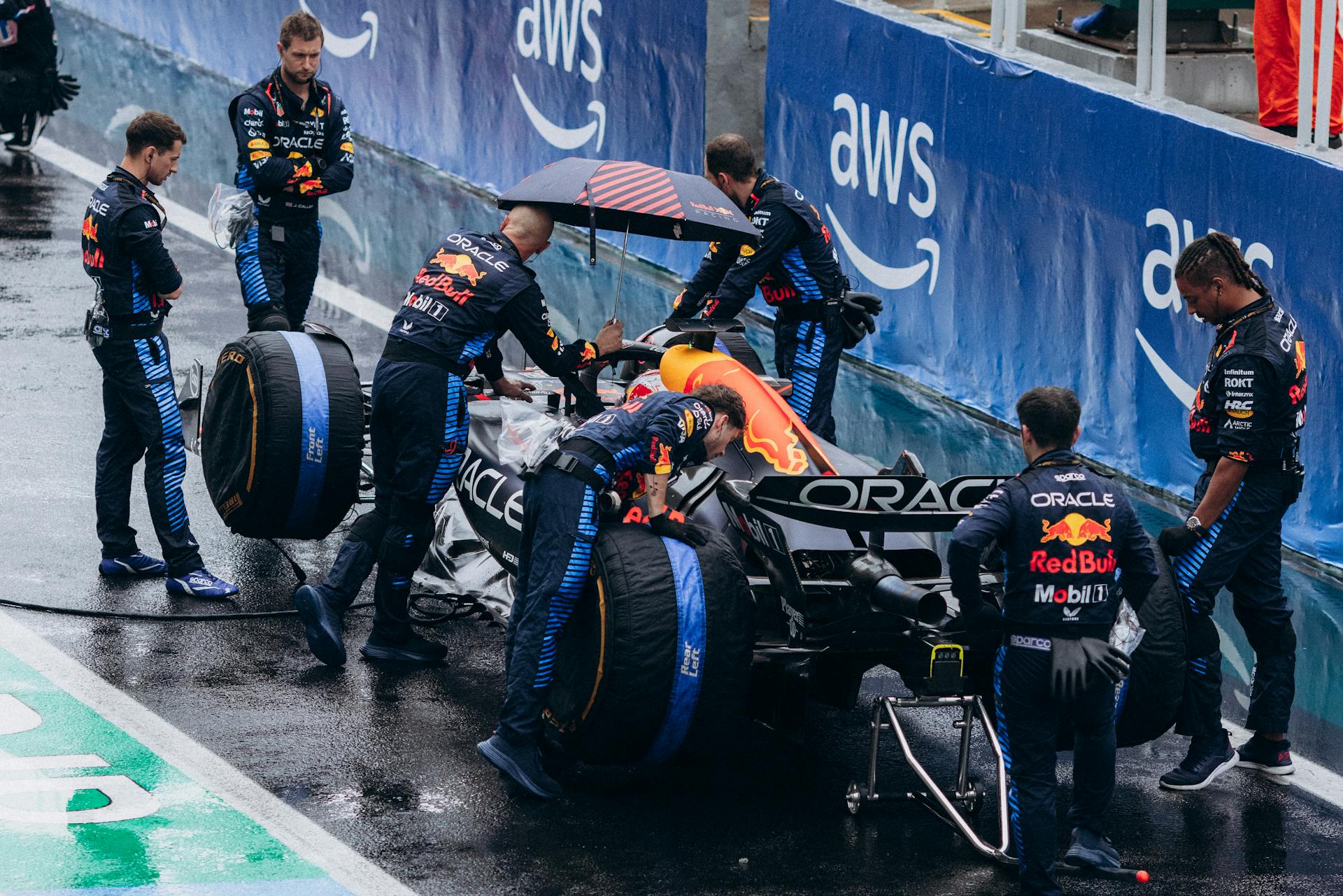 Formula 1 Pit Stop Team at Wet Race Event