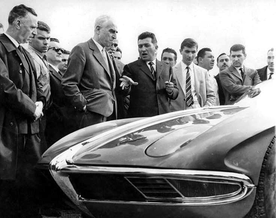 Ferrucio Lamborghini expalains the 350 GTV to motor journalist Giovanni Canestrini.