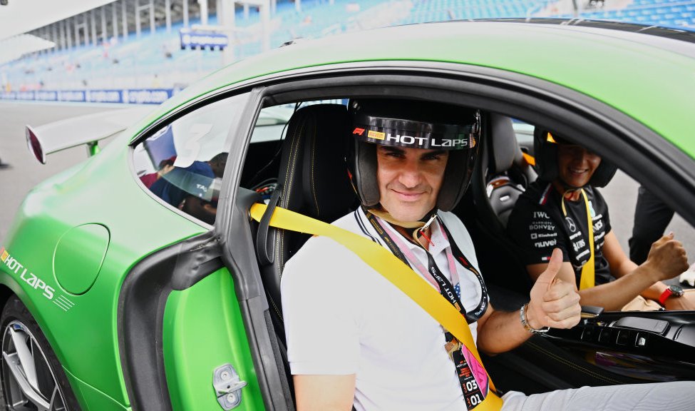 Roger Federer prepares for a Pirelli Hot Lap prior to the F1 Grand Prix of Miami