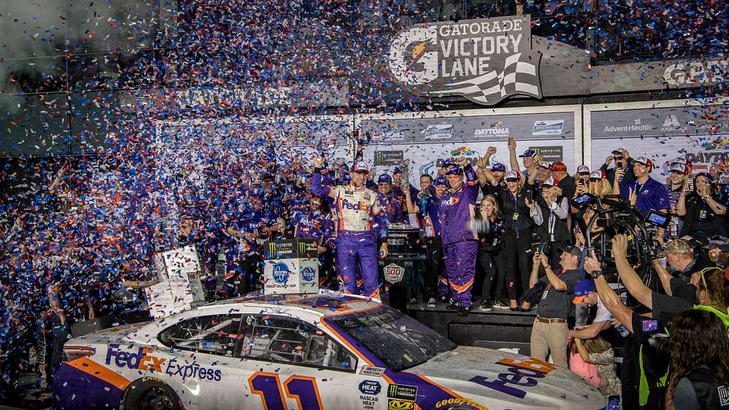 Denny Hamlin, NASCAR driver, celebrates after winning the Daytona 500 Feb. 17, 2019