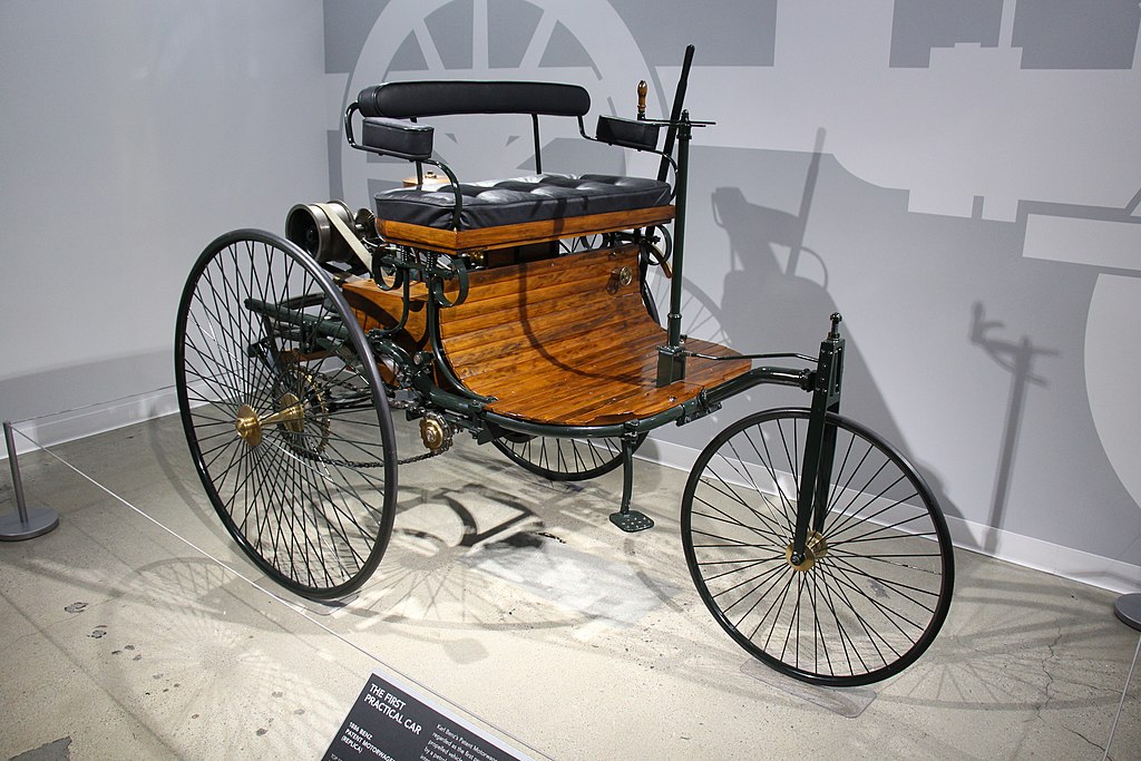 1886 Benz Patent Motorwagen car on display at an exhibition