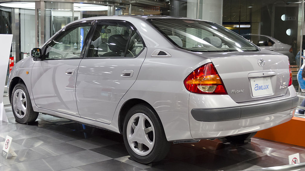 A close-up photo of a Toyota Prius car on display at an exhibition