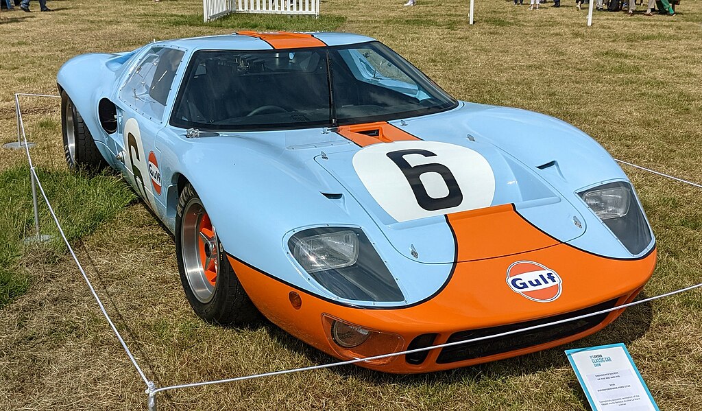 A close-up photo of a Ford GT40 car on display at an exhibition
